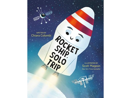 Book cover featuring illustrated rocketship smiling as she blasts off