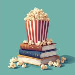 An illustration of popcorn in a red and white bag atop a pile of books