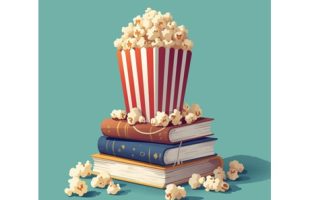 An illustration of popcorn in a red and white bag atop a pile of books