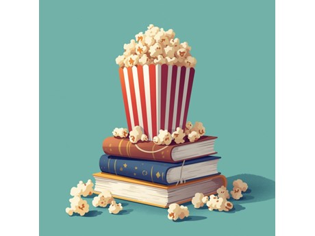 An illustration of popcorn in a red and white bag atop a pile of books