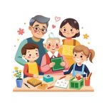 Family parent, grandparent, children crafting together