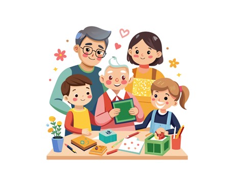 Family parent, grandparent, children crafting together