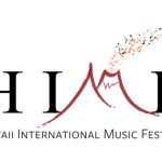 Hawaii International music festival logo, initials, volcano image with music notes
