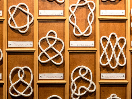 Various styles of knots partitioned off in frames, with labels underneath each type of knot.