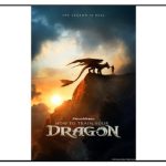 dragon standing on a cliff facing a person with the sun on the horizon