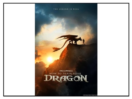 dragon standing on a cliff facing a person with the sun on the horizon