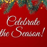 Celebrate the Season with a red background with holiday garland