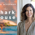 cover of book The Shark House and woman in tan shirt