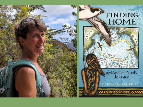 woman in forest and book cover for finding home