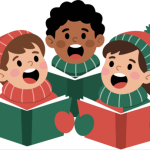 Three carolers holding books and with mouths agape.