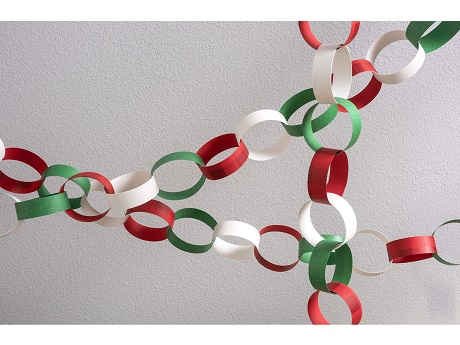 paper chains made of red, white, and green paper