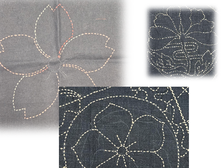 Three examples of sashiko stitching in 3 different flower patterns