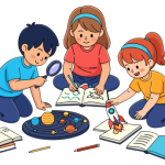 three children looking at books, using a magnifying, drawing