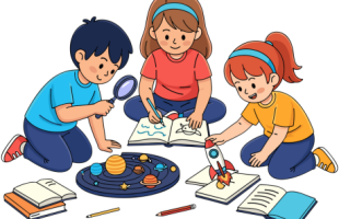 three children looking at books, using a magnifying, drawing
