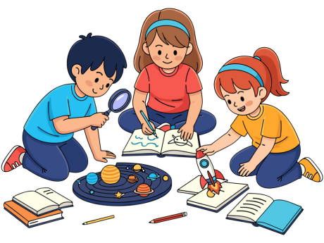 three children looking at books, using a magnifying, drawing