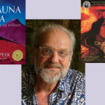 Man with glasses, two books Mauna Kea and Daughters of Fire
