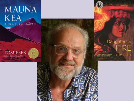 Man with glasses, two books Mauna Kea and Daughters of Fire