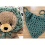 left side of photo has teddy bear with a green crocheted head bandana and on the right photo is the green crocheted head bandana