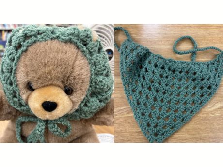 left side of photo has teddy bear with a green crocheted head bandana and on the right photo is the green crocheted head bandana