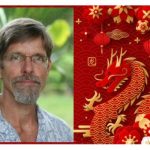 Presenter Clear Englebert portrait photo next to artistic design with red and gold dragon with various ornaments