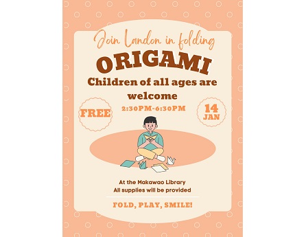 Picture of child folding origami with text