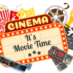 "It's movie time" bill board with a film reel, popcorn, and other movie memorabilia