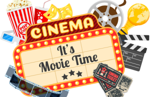 "It's movie time" bill board with a film reel, popcorn, and other movie memorabilia