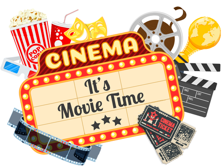 "It's movie time" bill board with a film reel, popcorn, and other movie memorabilia