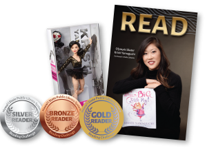 Picture of prizes for Read for the Gold | Winter Reading Challege 2026 which includes a Kristi Yamaguchi Barbie doll, autographed posters and bronze, silver and gold reader stickers
