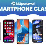 showing various smartphones under a blue logo