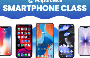 showing various smartphones under a blue logo