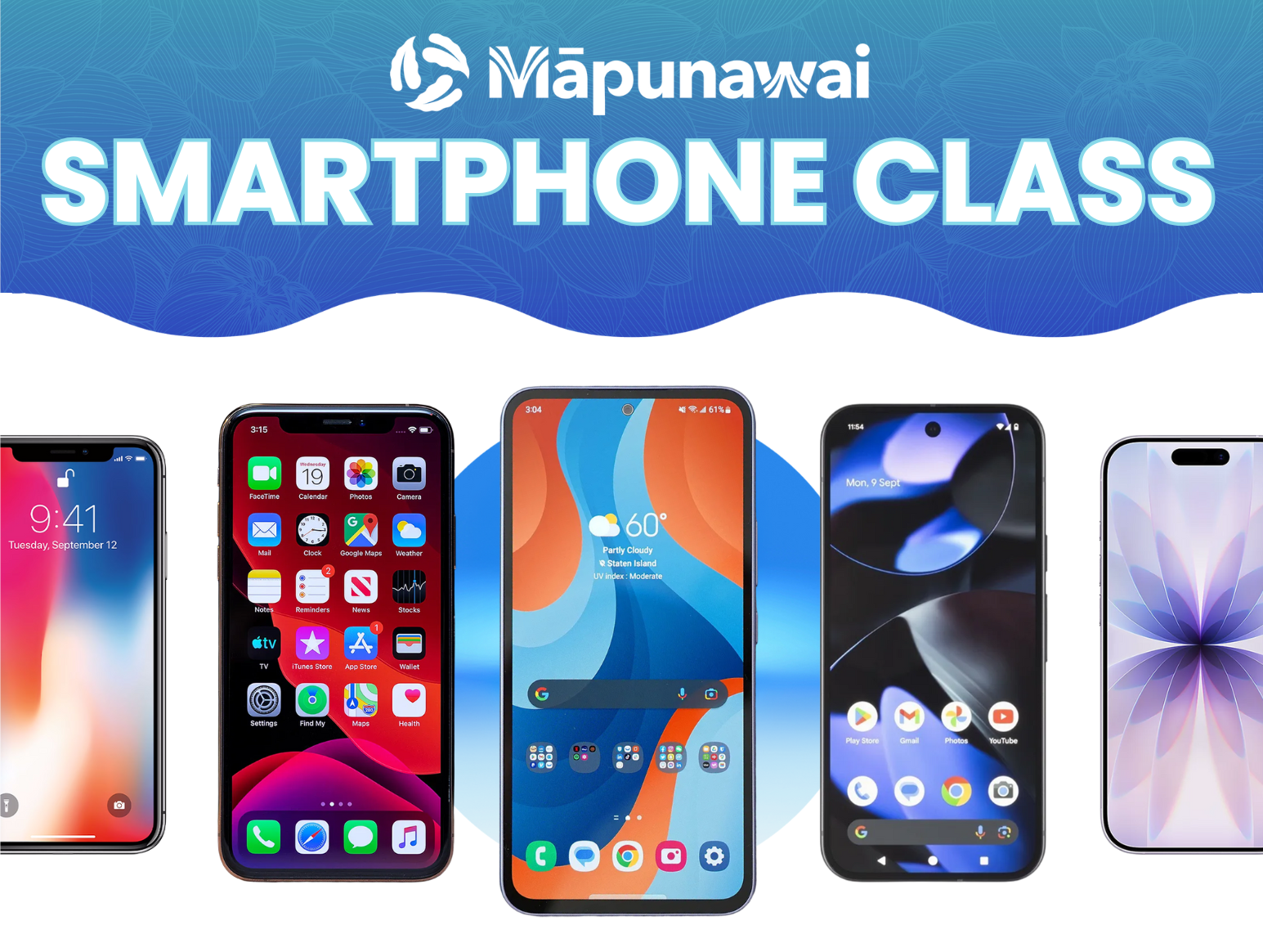 showing various smartphones under a blue logo