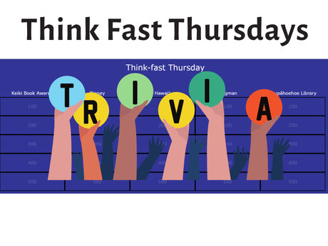Think Fast Thursdays across the top with a blue jeopardy-like background with 6 hands holding up the letters TRIVIA.