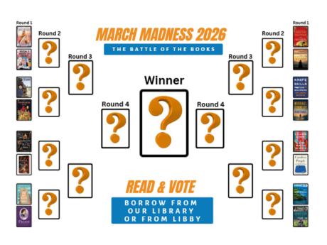 March Madness 2026 Battle of the Books Bracket. Thumbnails of book covers are featured on the outer edge.