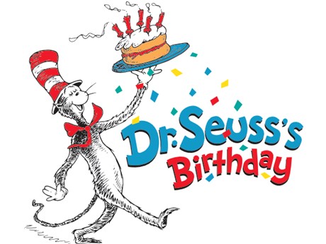 A cat in a hat carrying a birthday cake with the words Dr. Seuss's Birthday