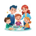 2 adults and 3 children crafting together