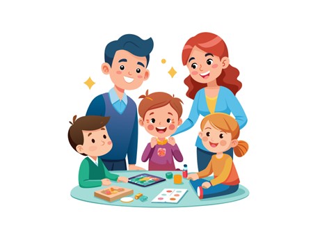 2 adults and 3 children crafting together