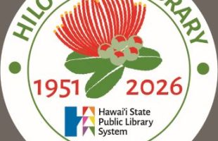 Round sticker design including an ʻohia lehua in the center with years 1951-2026 listed. Out edge features words Hilo public library and 75 years