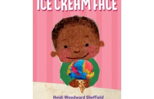 Illustrated book cover titled "Ice Cream Face" shows a smiling child holding a colorful ice cream cone. The background is pink with vertical stripes.