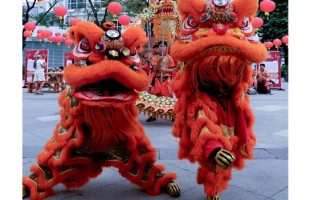 Two lion dancers.