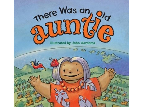 Cover of "There Was an Old Auntie" by John Aardema. Features a smiling woman with gray hair, wearing a red dress and necklace, with arms wide open.