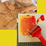 person carving blocks pain covering blocked design