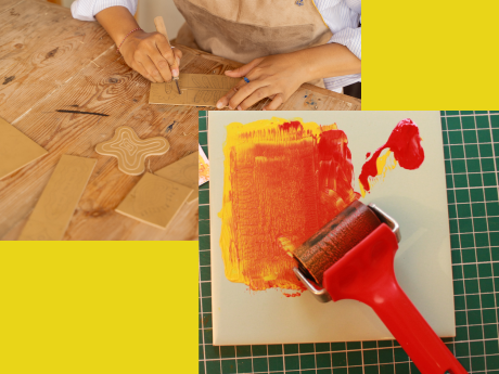 person carving blocks pain covering blocked design