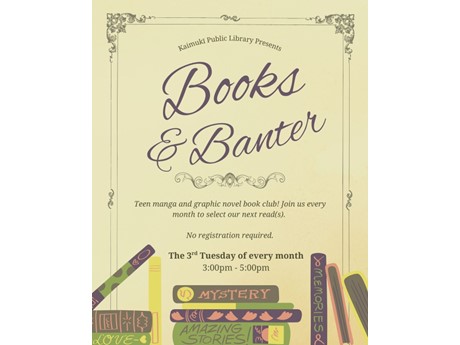 decorative border with books and description of a books & borders teen manga and graphic novel book club