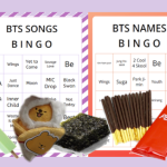 2 BTS BINGO cards with sample prizes on top,