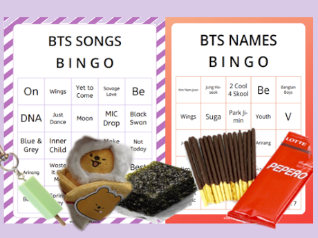 2 BTS BINGO cards with sample prizes on top,