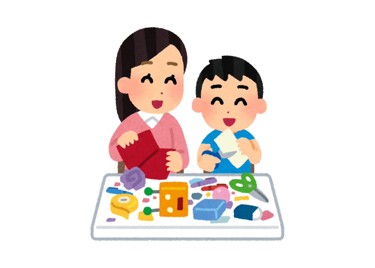 Cartoon image of mom and son sitting at a table doing arts and crafts