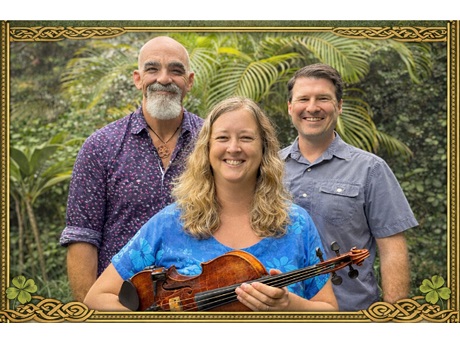 three musicians with trees in background