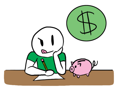person working on a budget with a piggy bank near them