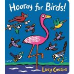 Cover of "Hooray for Birds!" by Lucy Cousins. A vibrant pink flamingo stands on one leg surrounded by colorful flying birds against a blue background.